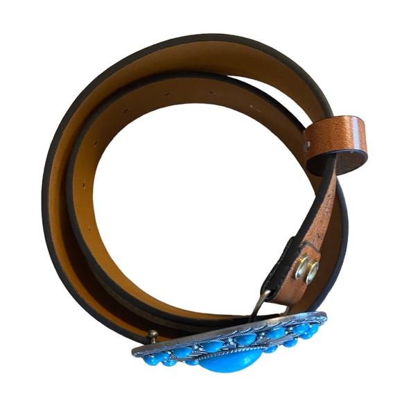 Turquoise Stone Embossed Brown Leather Western Belt With Silver Metal BuckleNew - Picture 5 of 15